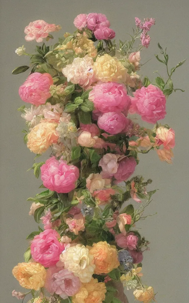 Prompt: a boquet of uv glow pastel flowers, blooming baroque rococo, in the style of martin johnson heade