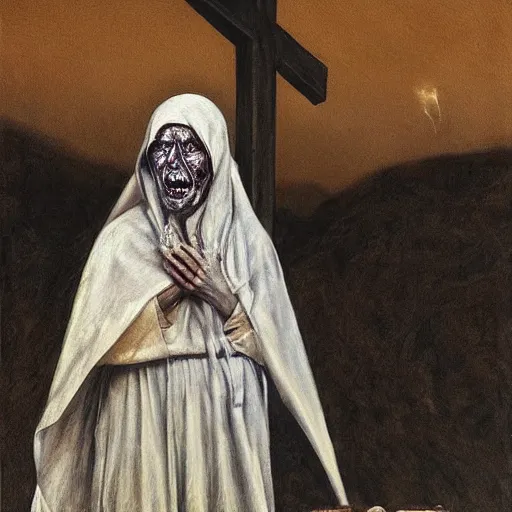 Image similar to a hyperrealistic painting of mother theresa as a zombie at jesus'crucifixion, by santiago caruso, highly detailed, sharp focus,