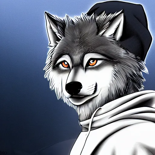 Image similar to key anime visual portrait of a handsome male anthro wolf furry fursona with beautiful eyes, wearing a hoodie, official modern animation