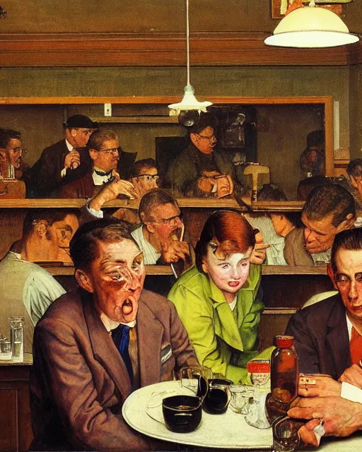 Image similar to crowd of people in a bar in the style of Norman Rockwell and Francis Bacon and Edward Hopper. Strange interior living room with lots of people, surreal