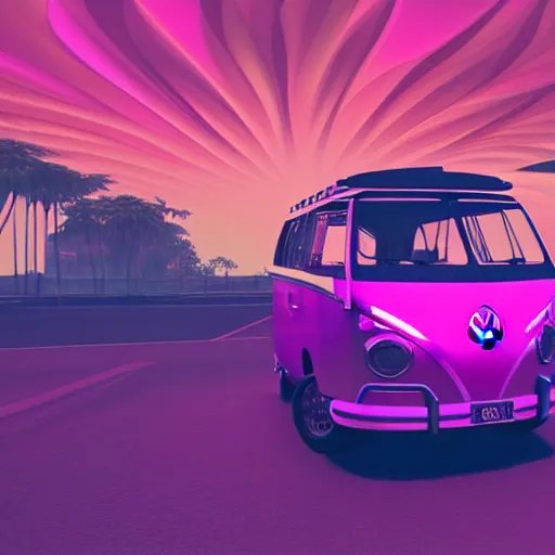 Prompt: VW Microbus driving, Synthwave, aesthetic, psychedelic, trippy, visuals, fractals, 4k, Rendered in Unreal Engine, octane render