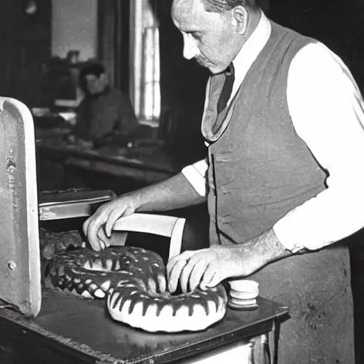 Prompt: an early 1900s photo of someone on a computer making a donut in blender