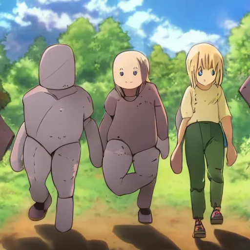 Image similar to A family of stone golems going for a walk, anime, 4k,