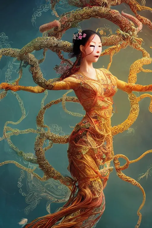 Prompt: an immaculate render of a dancing chinese goddess adorned with leaves and cables and bird wings, dancing in a temple surrounded by wild tentacles made from mandalas and incense smoke, full body, perfect face, powerful, cinematic, beautifully lit, by artgerm, by karol bak, by android jones, 3 d, trending on artstation, octane render, 8 k