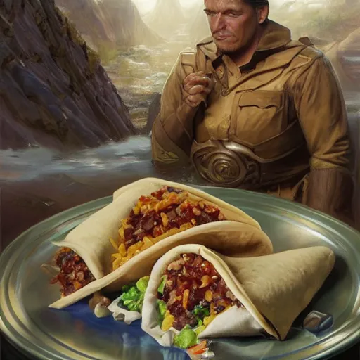 Image similar to The worlds most delicious burrito, 5 star food, tasty, yummy, detailed, centered, digital painting, artstation, concept art, donato giancola, Joseph Christian Leyendecker, WLOP, Boris Vallejo, Breathtaking, 8k resolution, extremely detailed, beautiful, establishing shot, artistic, hyperrealistic, beautiful face, octane render, cinematic lighting, dramatic lighting, masterpiece