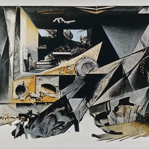 Prompt: future remains in a dump in the style of Max Ernst, 1942