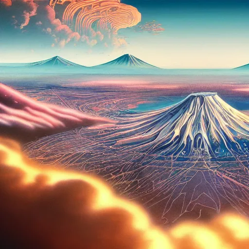 Prompt: a highly detailed matte painting of retro futurist mount fuji hosting the olympics, aerial photography, ultrawide lens, by dan mumford, yusuke murata, makoto shinkai, ross tran, cosmic, heavenly, god rays, intricate detail, cinematic, 8 k, cel shaded, unreal engine, featured on artstation, pixiv