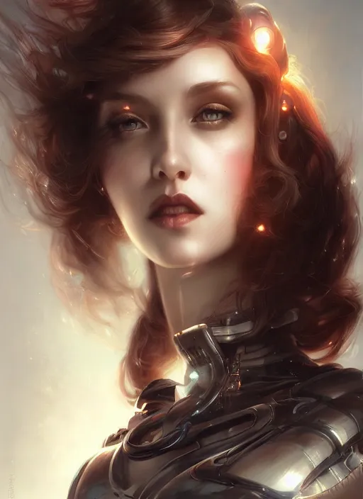 Prompt: a beautiful woman with a chrome cyber spine, painted by artgerm and tom bagshaw, fantasy art, dramatic lighting, highly detailed oil painting
