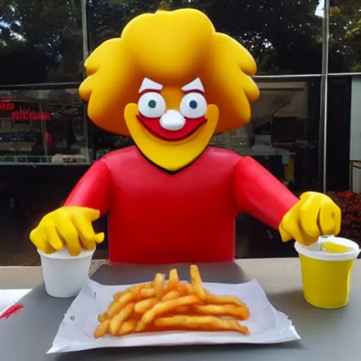 Image similar to ronald mcdonald eating a giant fry