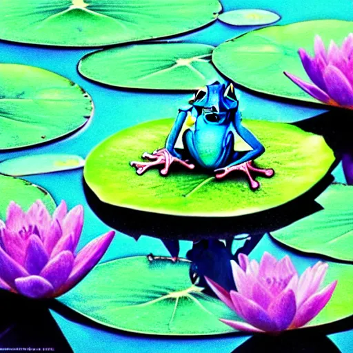 Image similar to cute blue frog sitting on a water lily, intricate, elegant, sharp focus, illustration, highly detailed, concept art, matte, trending on artstation, anime, art by kuvshinov ilya h 6 4 0