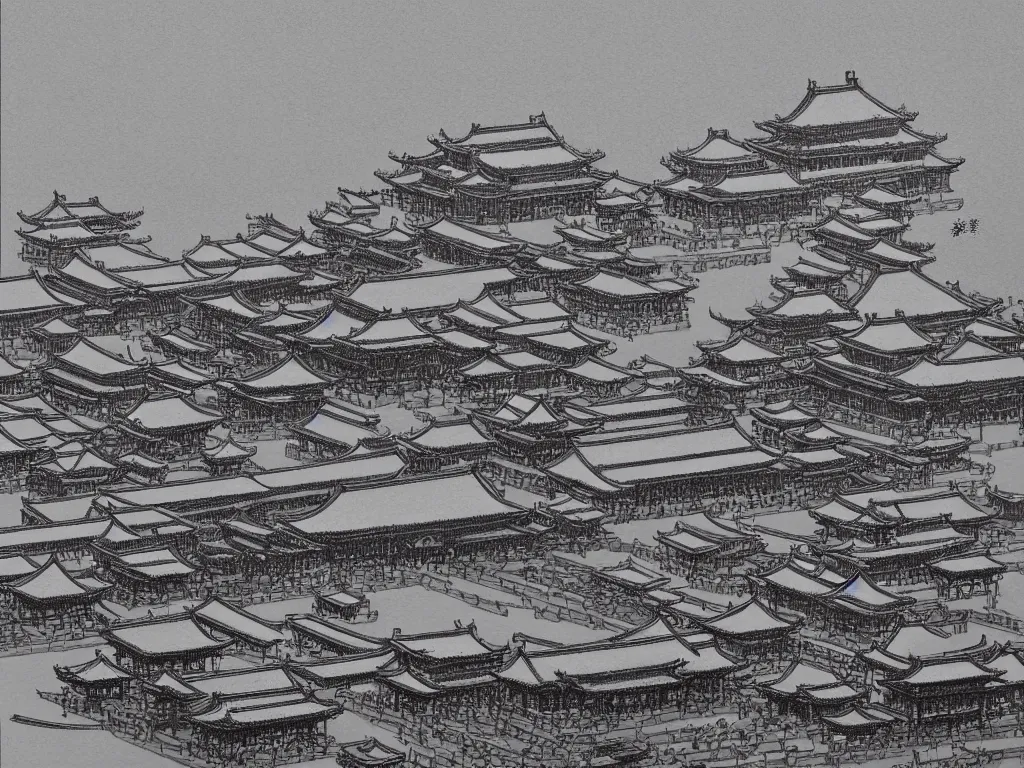 Image similar to forbidden city, highly detailed, cinematic landscape ， on a snowy day, ink painting, by xu beihong