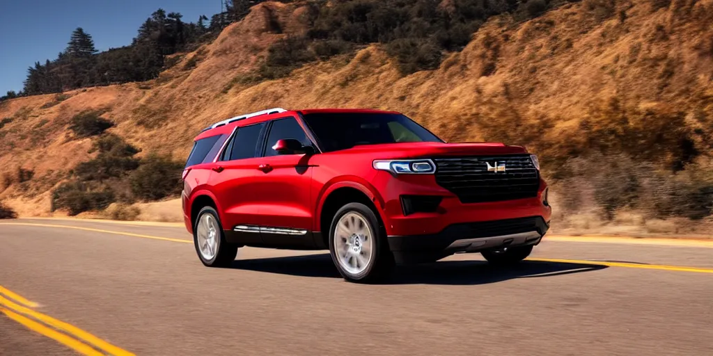 Image similar to A red SUV inspired by a 2022 Ford Explorer and 2022 Chevrolet Tahoe, driving along Pacific Coast Highway, golden hour, auto photography, action shot