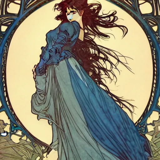 Image similar to in the style of artgerm, arthur rackham, alphonse mucha, phoebe tonkin, symmetrical eyes, symmetrical face, flowing blue skirt, hair blowing, intricate filagree, hidden hands, warm colors, cool offset colors