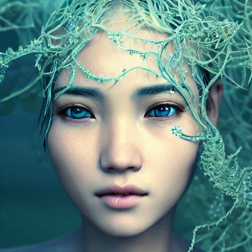 Image similar to intricate highly detailed face portrait of asian - european woman, light blue water vines on her face, intricate, cgsociety, unreal engine, octane render, sharp focus, smooth, volumetric lighting, cinematic composition, artstation