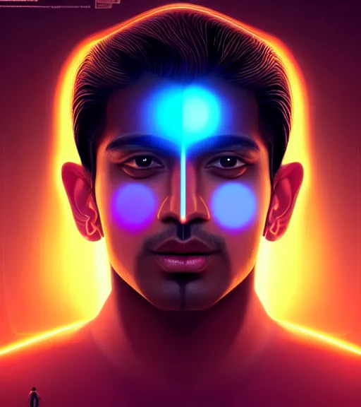 Image similar to symmetry!! indian prince of technology, solid cube of light, hard edges, product render retro - futuristic poster scifi, lasers and neon circuits, brown skin handsome indian prince, intricate, elegant, highly detailed, digital painting, artstation, concept art, smooth, sharp focus, illustration, dreamlike, art by artgerm