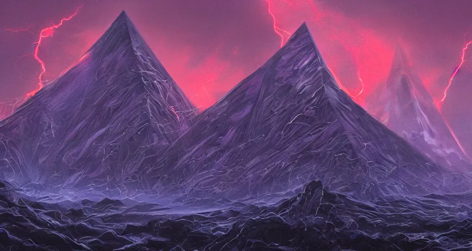 Prompt: black lovecraftian eldritch!! obsidian pyramid!! purple light beams on a snowy mountain, being found by explorers, snowy, windy, by eugene von guerard, ivan shishkin, night, red lightning!!, storm!, dramatic lighting, concept art, trending on artstation, 8 k