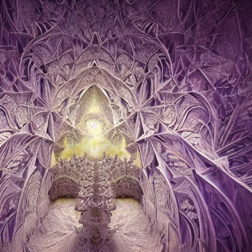 Image similar to a hyperrealistic 3 d painting of a huge sprawling fractal cathedral interior populated by mandelbrot fractals by android jones, unreal engine, carved stone, carved soap, white color scheme, volumetric lighting, octane render, dramatic lighting, glowing, carved marble, opalescent, sacred geometry, religious, angelic, catholicpunk, stark, 8 k, ultra detailed