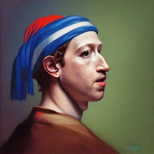 Image similar to mark zuckerberg with a Pearl Earring painted by Beksinski