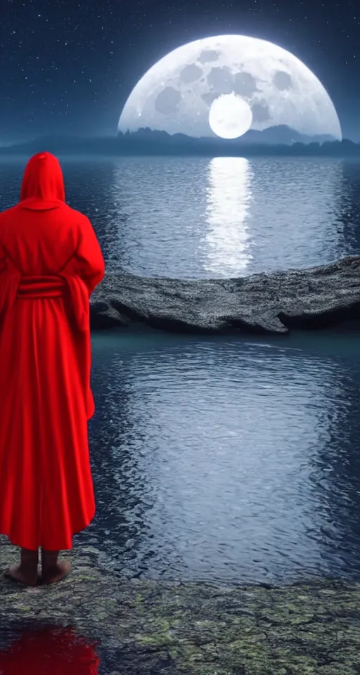 Prompt: a robed figure standing at the side of a dark lake, looking at the reflection of the moon in the water realistic, colorful, highly detailed, unreal engine