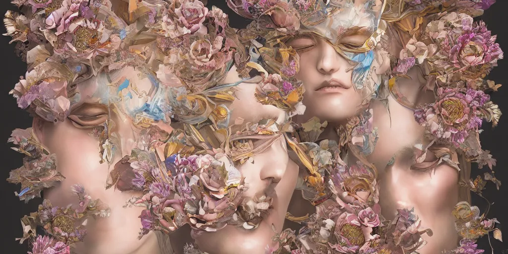 Image similar to breathtaking detailed concept art painting kaleidoscope art deco pattern of blonde faces goddesses amalmation flowers, by hsiao - ron cheng, bizarre compositions, exquisite detail, extremely moody lighting, 8 k