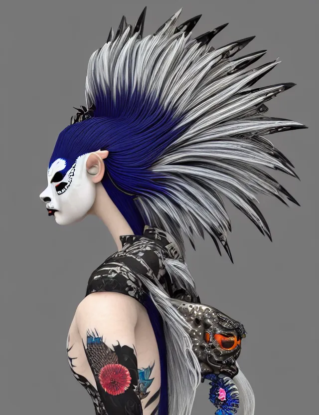 Prompt: 3 d goddess close - up profile portrait punk with mohawk with ram skull. beautiful intricately detailed japanese crow kitsune mask and clasical japanese kimono. betta fish, jellyfish phoenix, bio luminescent, plasma, ice, water, wind, creature