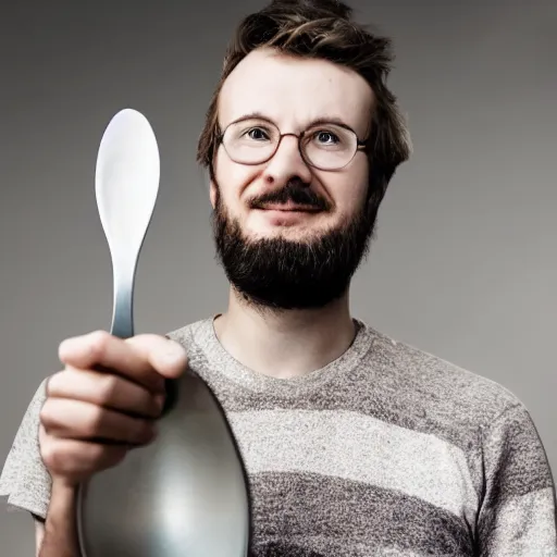 Image similar to man holding giant spoon saying only a spoonful