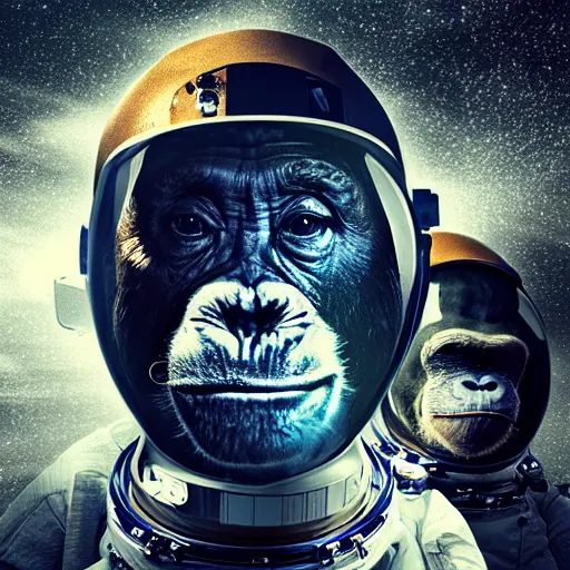 Image similar to double exposure portrait split in the middle of a astronaut and one chimpanzee in a suit posing with space in the background, pencil art, high definition, dynamic lighting stars, sharpness, golden ratio, fibonaci sequence