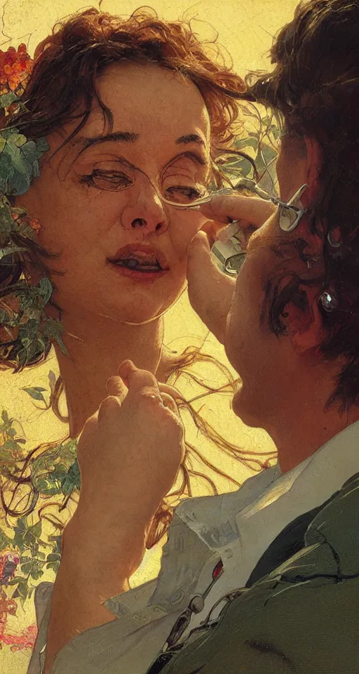 Image similar to close up of a doctor taking off their mask, sun shining, photorealistic illustration by greg rutkowski, thomas kindkade, alphonse mucha, loish, norman rockwell.