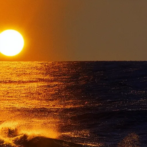 Image similar to the photo shows a large, disk - shaped object hovering in the sky above the ocean waves and mountains. the object appears to be surrounded by a golden bright aura. there is no sign of any engines or propulsion system. the photo was taken by a professional photographer.