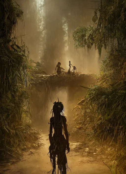 Image similar to a tribal woman and a soldier discovering a post apocalyptic city overgrown with lush vegetation, by Luis Royo, by Greg Rutkowski, dark, gritty, intricate, backlit, strong rimlight, cover illustration, concept art, volumetric lighting, volumetric atmosphere, sharp focus, octane render, trending on artstation, 8k