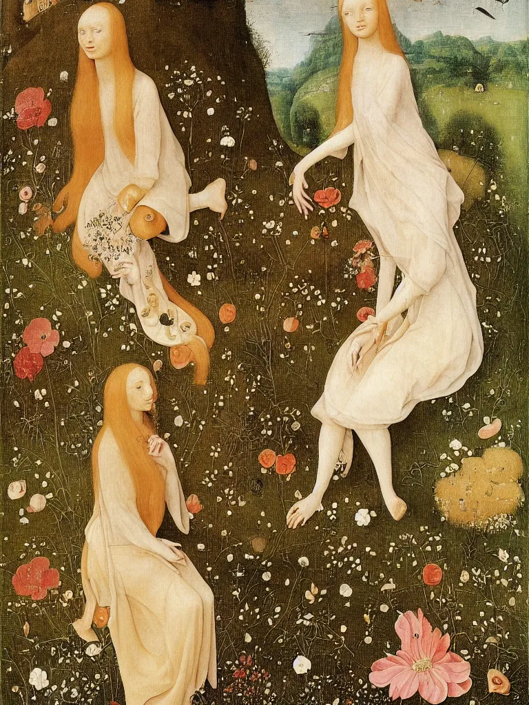 Image similar to elf maiden with long golden hair, wearing alexander mcqueen dress, sitting among flowers in the garden in the style of hieronymus bosch,