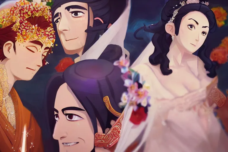 Image similar to a cinematic portrait of wedding photograph jpeg close up moment of a divine a japan sun god and moon goddess lovers magician at a wedding banquet. portraiture. digital painting. artstation. concept art. wedding photo. digital painting. naruto the movie art masterpiece by art by krenz cushart