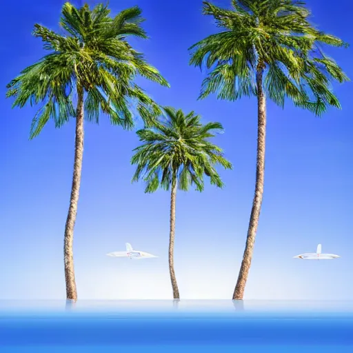 Prompt: surreal palm trees floating in blue sky, random positions floating, flying