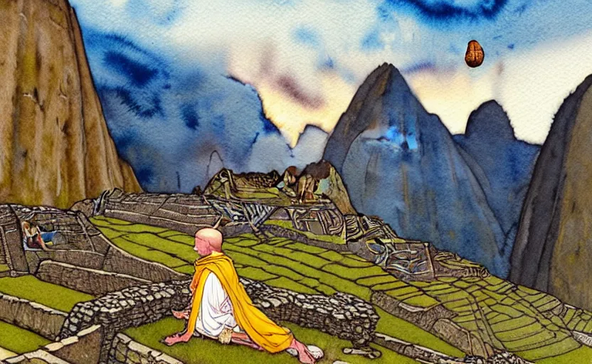 Image similar to a realistic and atmospheric watercolor fantasy concept art of a golden ufo hovering above machu pichu. in the foreground a female medieval monk in grey robes is kneeling with her hands by her sides. by rebecca guay, michael kaluta, charles vess