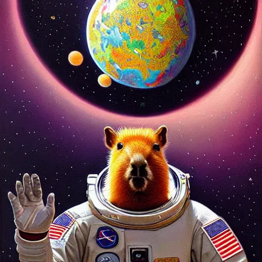 Image similar to beautiful detailed painting of a capybara astronaut in a spacesuit floating above earth by casey weldon by mark ryden by thomas blackshear