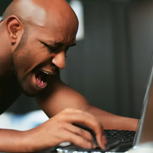 Image similar to bald black man crying while playing on pc