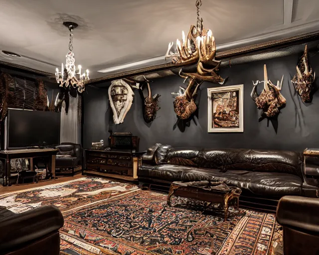 Image similar to ultra wide - angle photography of rich man's house, leather sofa, antler chandelir, hunting trophies, unreal engine, darkslategray wall, ultra details, luxury, interior design, 8 k