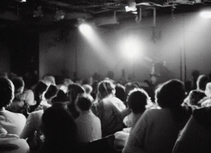 Prompt: a 2 8 mm macro photo from the back of a crowd at a rnightclub in silhouette in the 1 9 7 0 s, bokeh, canon 5 0 mm, cinematic lighting, dramatic, film, photography, golden hour, depth of field, award - winning, 3 5 mm film grain