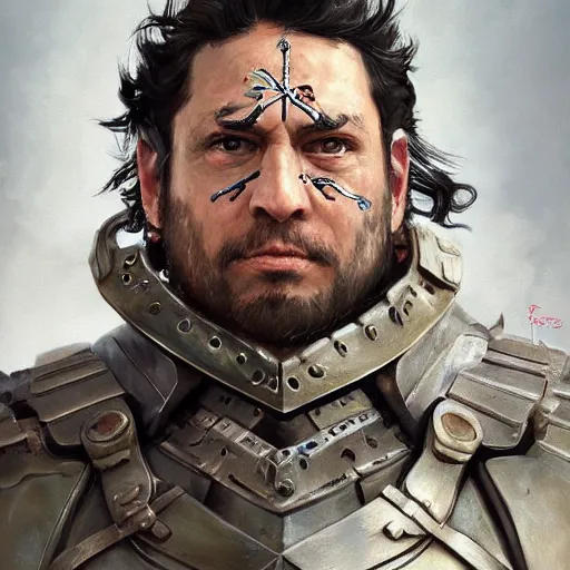 Image similar to a professionally painted portrait of Frank Reynolds, clothed in ancient battle armor, olive skin, curly black hair, beautiful bone structure, symmetrical facial features, scar across face, intricate, elegant, digital painting, trending on Artstation, concept art, smooth, sharp focus, illustration, from Metal Gear by Ruan Jia and Mandy Jurgens and Artgerm and and william-adolphe bouguerea, award winning