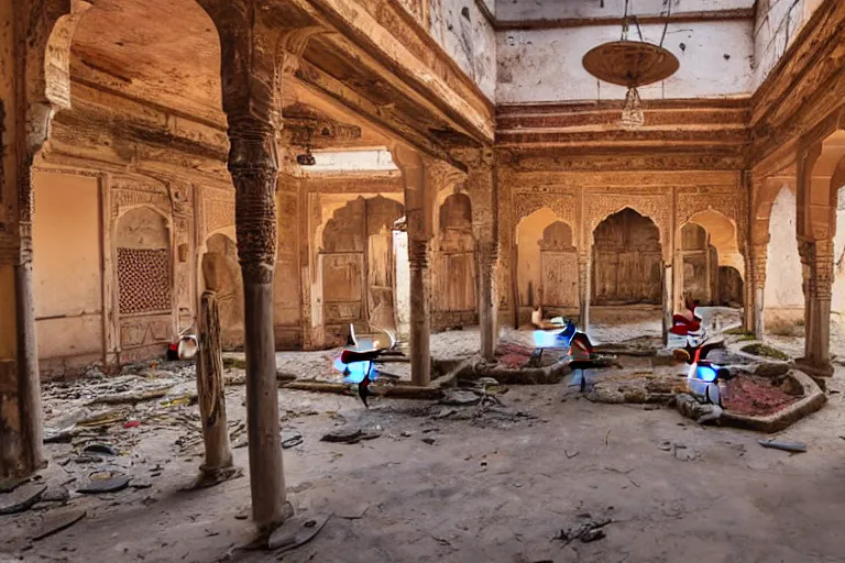 Prompt: the interiors of derelict and dilapidated old haveli in rajasthan. photo realistic. very detailed. a flamingo stands in the center of the frame. vibrant.