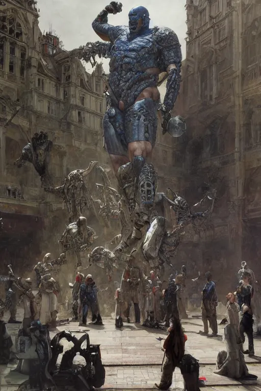 Prompt: scientists in a plaza observe a martyn ford as a huge bipedal brute wearing armour, painted by ruan jia, raymond swanland, lawrence alma tadema, zdzislaw beksinski, norman rockwell, jack kirby, tom lovell, alex malveda, greg staples