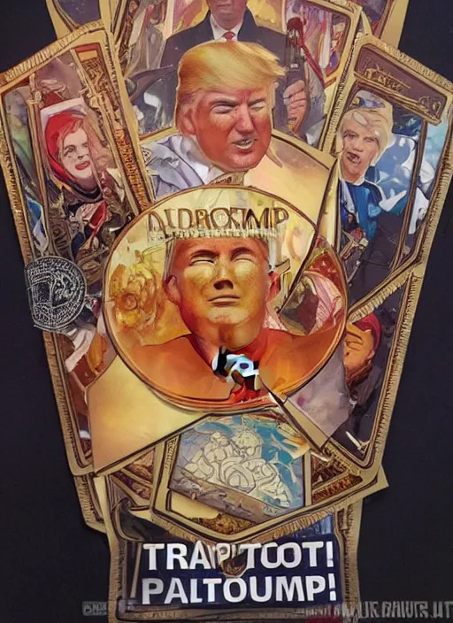 Prompt: a donald trump tarot card featuring hamburger imagery, king of swords, designed by alfons mucha and greg rutkowski and artgerm, 4k, intricate detailing, fast food motifs