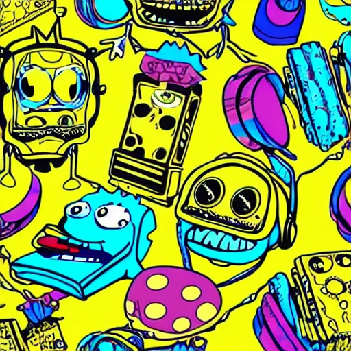 Prompt: artgerm, psychedelic laughing cybertronic spongebob, rocking out, headphones dj rave, digital artwork, r. crumb, svg vector