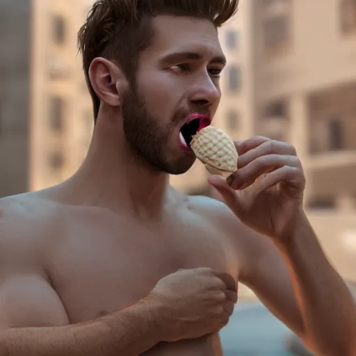 Prompt: sexy man eating an ice cream, highly detailed, octane render, slightly off, sharp focus, volumetric lighting