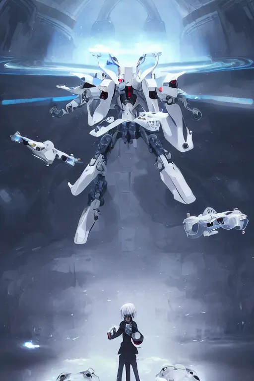 Image similar to anime teen guy with short wavy white hair wearing white clothes with short cape surrounded by circular mech drones, wlop, concept art, digital painting, trending on artstation, highly detailed, epic composition, 8 k uhd