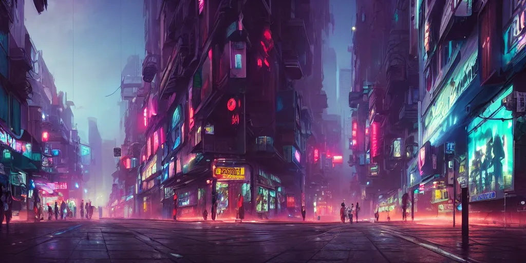 Image similar to Wide angle shot of a matte painting environment design of future city alley with neon lights and advertisements, artstation, ultra realistic, volumetric lighting, 8k, unreal engine, octane render, art by Artgerm and Greg Rutkowski and Alphonse Mucha and Yoji Shinkawa