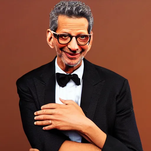 Prompt: jeff goldblum holding a miniature man in the palms of his hands