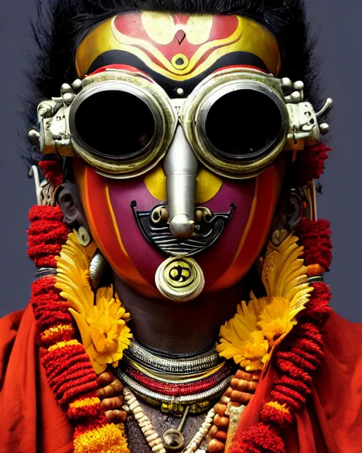 Image similar to photo of a Dramatic Kathakali male character with painted face wearing futuristic MadMax style steampunk goggles and accessories in the style of stefan kostic, full body, realistic, sharp focus, symmetric, 8k high definition, insanely detailed, intricate, elegant, art by stanley lau and artgerm, Hajime Sorayama, William-Adolphe Bouguereau