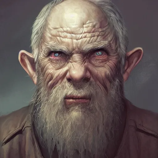 Image similar to a detailed matte head - on portrait painting of a sweet ugly old hobbit man, with a large scar and missing teeth portrait by charlie bowater, lise deharme, wlop, tending on arstation, dungeons and dragon, dnd, pathfinder, fanart, oil on canvas