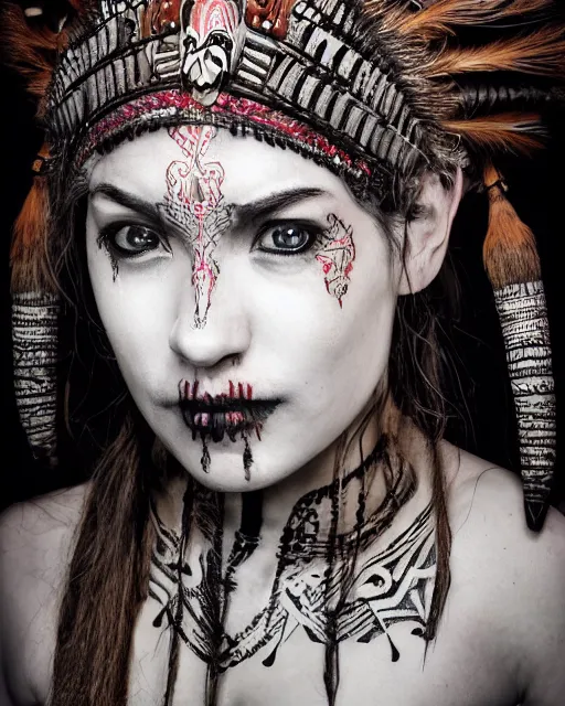 Image similar to photorealistic head and shoulders photo of beautiful female ornate fantasy viking indian tribal aztec warrior goddess, confident, minimal black skull warpaint, tattoos, Neil Blevins, James Paick, Natasha Tan Maciej Kuciara, Frank frazetta, arney freytag, Ritu Kumar, Sabyasachi Mukherjee, Magic the gathering,octane, bokeh, 8k, fashion pose, cinematic, 28mm